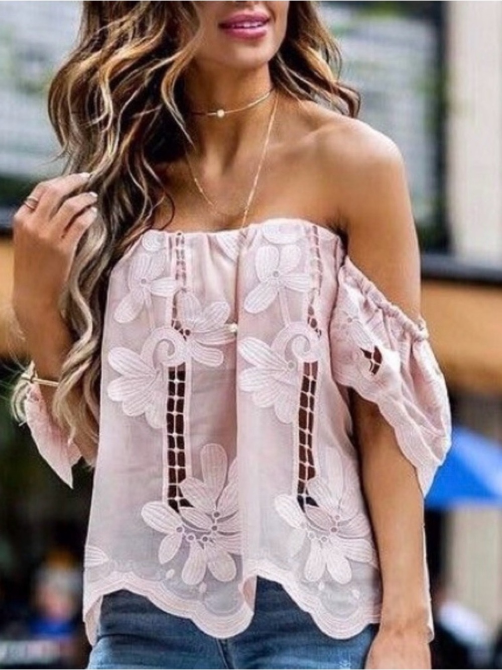 Lovers + Friends Blush Pink Off-Shoulder Floral Lace Top